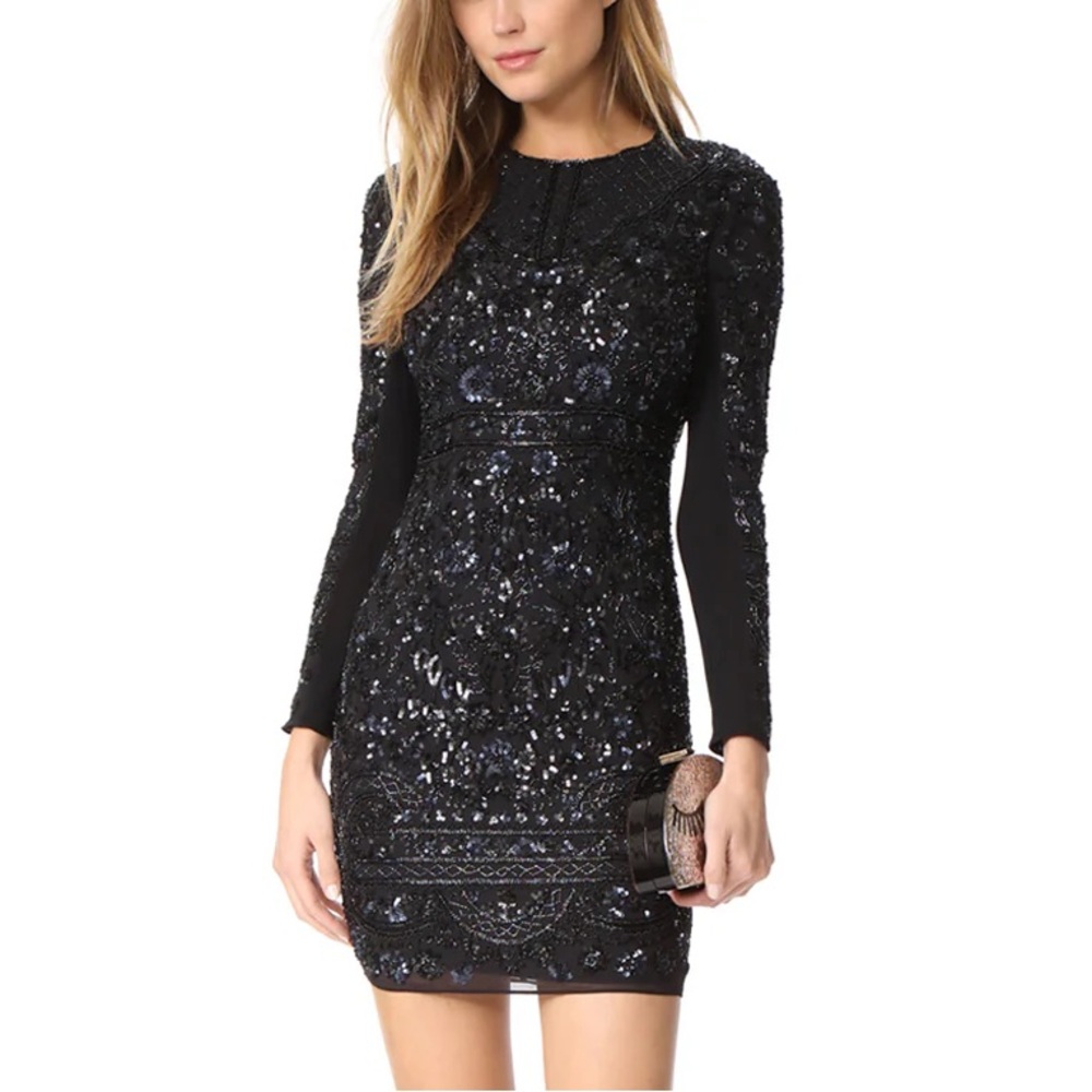 Needle & Thread 6 Midnight Embellished Beaded Sequin Mini Dress Long Sleeve